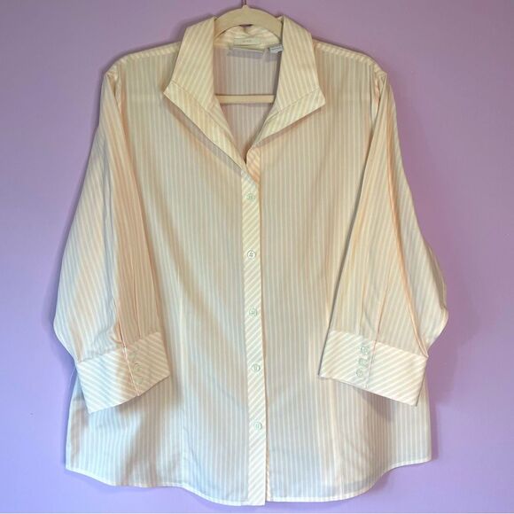 Chico's No-Iron Pink White Pinstripe Button Front Collar Cotton Boho Blouse XL - Picture 1 of 9